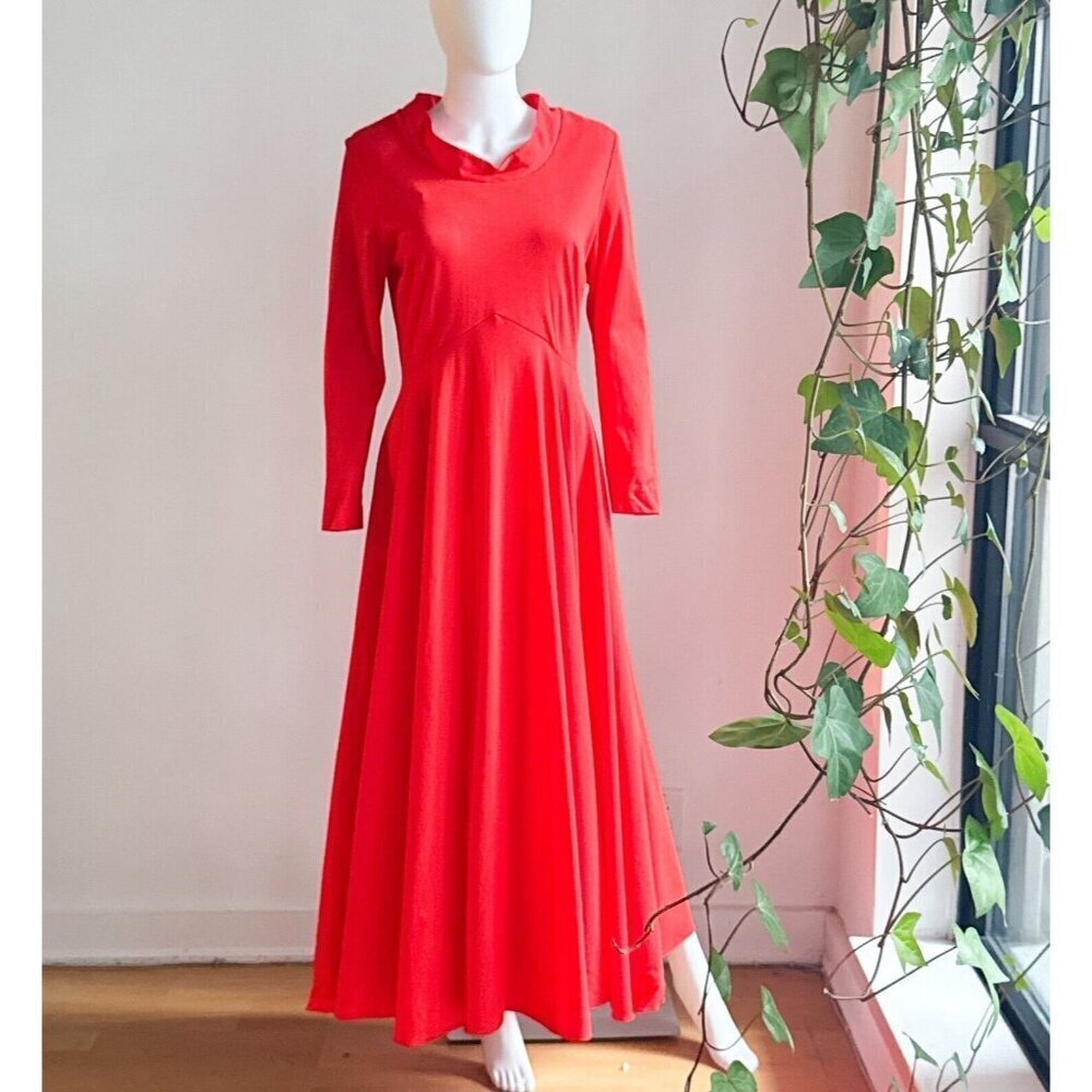 Vintage Orange Red Long Sleeve Full Skirt Maxi Dress S